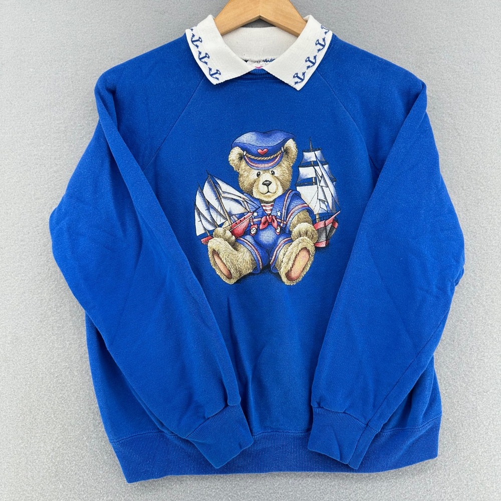 VTG Hanes Her Way Bear Sailor Anchor Collar Sweatshirt M Grannycore Nautical 90s - Picture 2 of 8